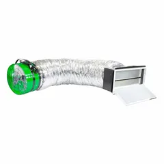 Ceiling-mount whole house fan with a 20 in blade delivering up to 5,003 cfm, covering up to 2,502 sq ft. Features a high-efficiency motor, two speeds, and speed controllability. Designed for low-noise operation and high-static pressure applications. Operates on 115V AC, single phase, with a round duct shape and rectangular rough opening.
