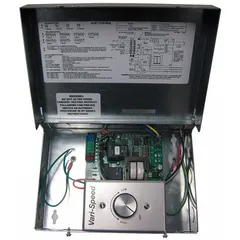 This dial fan speed control operates on 120V AC and supports a 16 A rating. It features a steel plate with a blue finish and a single dial switch. The control is not reversible and is intended for use in HVAC ventilation systems to adjust fan speed.
