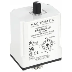 Socket-mounted time delay relay rated for 24V AC/DC coil voltage and 10A contact current. Features 11 pins/terminals for wiring. Suitable for timing and sequencing operations in industrial control panels, such as motor start/stop delays, conveyor belt timing, and HVAC sequencing.