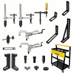 This fixturing kit is designed for use with modular welding tables. It includes (2) T50231 Clamping Squares-L components for positioning and securing workpieces during welding, fabrication, and assembly tasks.