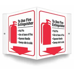 V-Shape projection sign made of PETG, 0.06 in thick, with a nominal size of 6 in x 8 1/2 in. Features mounting holes for wall attachment. Displays fire extinguisher use steps: Pull Pin, Aim At Base Of Fire, Squeeze Handle, Sweep Side To Side. Not retroreflective, not glow-in-the-dark, no anti-slip surface. Suitable for general industrial and commercial environments to guide personnel in fire emergency procedures.