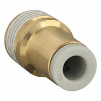 Brass push-to-connect adapter fitting with 1/8" BSPT male thread for 4 mm OD tubing. Used in pneumatic systems to connect tubing to threaded ports, providing a secure joint for compressed air and vacuum applications