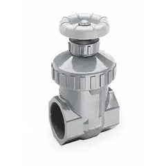 This 2-inch CPVC gate valve features a non-rising stem design with FIPS threaded ends and a wheel operator. The solid wedge and bonnet are made of CPVC, with an FKM seat, and the valve is rated for 200 psi CWP. It is suitable for on/off control in chemical processing, water treatment, and industrial piping systems handling corrosive fluids.