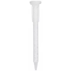 Clear mixing nozzle for two-part dispensing systems with a 1:1 mixing ratio. Features a stepped taper tip for controlled bead application. 4 inches long, supplied in a 10-pack. Suitable for mixing and applying adhesives, sealants, or epoxies.