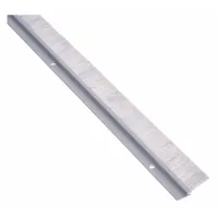 Aluminum flange weatherstrip with nylon brush insert, 4 ft length, 1 3/8 in width, 1/4 in height. Seals gaps around doors to block drafts, dust, and insects. Suitable for commercial and industrial doorways requiring a low-friction seal