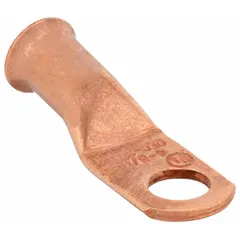 This copper side terminal lug accepts 4 ga wire and fits a 5/16 in stud. It supports both crimp and solder connections for secure terminations in battery power systems and electrical panels.