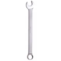Alloy steel combination wrench with satin finish. Features a 12-point box end and open end with offset design for access in confined spaces. Head size 1 1/4 in, overall length 16 3/4 in. Used for tightening or loosening SAE fasteners in mechanical maintenance and repair tasks.