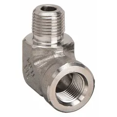 This 90° pipe elbow is used in extreme pressure instrumentation systems to change fluid direction. Made of 316 stainless steel, it has a fitting pipe size of 1/8 in x 1/8 in, a maximum operating pressure of 5,500 psi, and a length of 1 7/16 in. Suitable for high-pressure hydraulic, pneumatic, and process control applications.