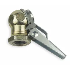 This heavy-duty tire chuck is designed for checking tire pressure on vehicles and equipment. It features a ball foot lock-on mechanism for secure attachment to tire valves. Constructed from steel with a silver finish, it has a single head and a 1/4 in FNPT thread standard.