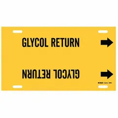 Yellow strap-on pipe marker with black legend reading 'Glycol Return' and directional arrows. Fits pipe outer diameters of 10 to 15 inches. Used for identifying glycol return lines in industrial piping systems, such as HVAC and process heating.