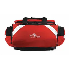 This red nylon medical duffel bag measures 23 inches in length, 17 inches in width, and 12 inches in height. It features a zipper closure and a removable interior lining for easy cleaning. Designed for organizing and transporting medical supplies in emergency or clinical settings.