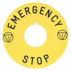 Round legend plate for 30 mm panel mounting, designed for use with Series 9001K/9001SK push-button operators. Features a 90 mm overall diameter, yellow background with black English text, and a notch for emergency stop applications.