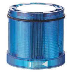 Blue flashing light module for industrial signaling towers. Operates at 24V DC with a blue lens. Overall diameter 70 mm, overall height 66 mm. Compatible with KombiSIGN 72 series. Used to indicate machine status, alarms, or warnings in manufacturing and automation environments.