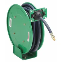 Spring Return Hose Reel: 25 ft (3/8 in I.D.), 1/4 in MNPT, 300 psi Max Op Pressure, Brass, Green