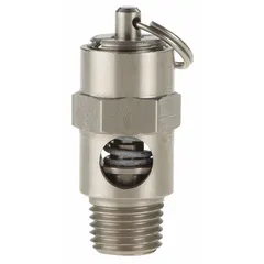 Soft seat pneumatic safety valve with 1/4 in male NPT inlet and preset relief setting of 300 psi. Features a Viton seal and stainless steel construction. Used to protect pneumatic systems and air compressors from overpressure conditions.