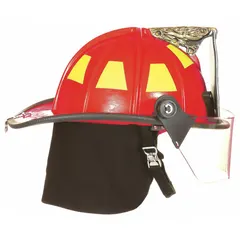 This fire helmet features a red fiberglass shell with a traditional rear brim for heat deflection and impact protection. It includes a 6-point ratchet suspension and chin strap for secure fit during firefighting operations.