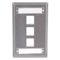 This 1-gang, 3-port keystone wall plate is constructed of stainless steel with a gray finish. It features a flat module style with vertical outlet orientation, designed to accept keystone jack modules for structured cabling installations.