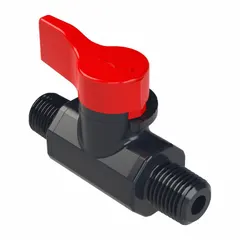 This ASAHI manual two-way ball valve features a 1/4-inch PVC straight body with male NPT threads on both ends. It is rated for a maximum cold working pressure of 150 psi and is operated by a lever handle. Commonly used in plumbing and industrial piping systems for on/off control of compatible fluids.