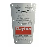 Replacement capacity label for Dayton brand material handling equipment, specifically model 3TP99G. Displays rated load capacity and operating limits for compliance and safe operation. Manufacturer part number 71317739G