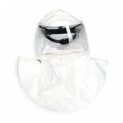 Universal-size double bib hood for powered air-purifying respirator (PAPR) systems. Includes threaded connector and suspension. Supplied as a 4-pack. Provides respiratory protection in industrial environments with airborne contaminants.