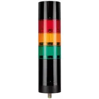 This three-tier tower light assembly provides visual and audible status indication for industrial automation and machinery. It features amber, green, and red light tiers with an integrated sounder tier and flashing function. Operating voltage is 21.6 to 26.4V. The green light tier is included