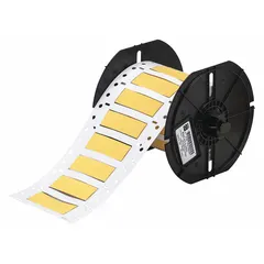 Precut sleeve label roll for wire and cable identification. Each label measures 3/8 in x 2 in, made of yellow matte polyolefin. Designed for wire gauges 4 AWG to 12 AWG. Compatible with BBP33 printer series for on-demand printing in industrial settings such as electrical panels and machinery.