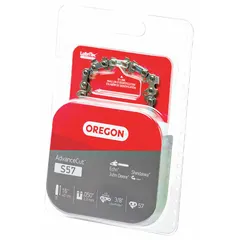Chainsaw chain with 3/8 in pitch, 0.05 in gauge, 57 drive links, and 5/32 in file size. Suitable for cutting wood in forestry, tree care, and firewood preparation. Fits 16-inch bar saws.
