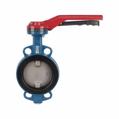 This concentric wafer-style butterfly valve features a ductile iron body, stainless steel disc, and FKM seat. Rated for 250 psi CWP, it is suited for on-off or throttling service in industrial piping systems handling water, oil, or gas.