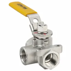 This three-way ball valve features a CF8M stainless steel body in a two-piece design with an L flow pattern. The 1/2 in valve is operated by a locking lever handle for secure flow control. Used for diverting or mixing flow in industrial piping systems.