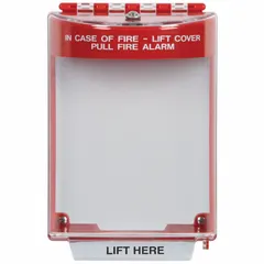 This red surface-mount wall fixture guard protects fire alarm pull stations from accidental activation or damage. The legend reads 'IN CASE OF FIRE - LIFT COVER ACTIVATE FIRE ALARM' for clear emergency instructions. Suitable for wall-mount installation in commercial and industrial settings.
