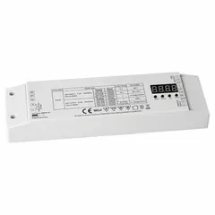 This color-changing decoder integrates a 96W power supply, converting 100-277VAC input to 24VDC output. It is rated for dry locations and measures 9 inches long by 1 5/16 inches high. Suitable for controlling RGB or tunable-white LED tape and fixtures in architectural and commercial lighting systems.