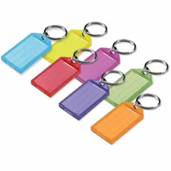 Plastic key tags with blank labels and inserts for custom identification. Rectangle shape, multi-color, 2 1/4 in overall height. Suitable for organizing and labeling keys in industrial facilities, maintenance shops, and plant operations.