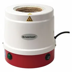 Metal-housed heating mantle for 50 mL round flasks. Features a plastic mantle material and metal housing. Maximum temperature 450°C, maximum power 60 W. Controller required but not included. Used for controlled heating in distillation, reflux, and synthesis applications.
