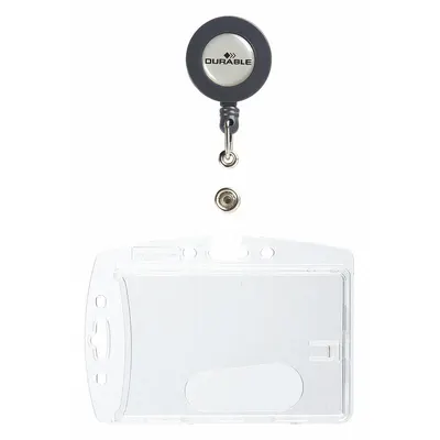 DURABLE Badge Holder: Pouch, Horizontal/Vertical, 4 in Badge Pouch Wd, 2 13/16 in Badge Pouch Ht - Retractable Tethers for Badges