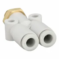 Polybutylene and brass push-fit wye fitting for pneumatic systems. Connects two 4 mm OD tubes to a 6 mm pipe thread. Overall length 34 29/32 mm. Used to split or combine tubing lines in industrial automation and material handling applications