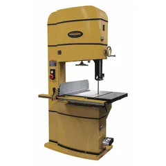 Vertical band saw with 24-inch throat depth for resawing, contour cutting, and ripping of lumber and sheet goods. Two-speed operation provides 2,300 to 4,400 SFPM. Tilting table adjusts from 10° left to 45° right. Powered by 230V AC, single-phase motor.