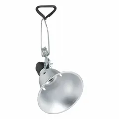 This clamp-on grow light fixture operates at 120V AC and accepts E26 base bulbs. It includes an aluminum reflector cone and a bulb. The adjustable clamp and 6 ft power cord allow flexible positioning for indoor plant lighting applications such as seed starting or supplemental lighting.