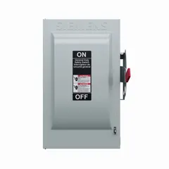 The Siemens GF323NA is a 100 A fusible safety switch rated for 240V AC, suitable for single or three-phase applications. It features a galvanized steel enclosure designed for indoor use, providing a means to safely disconnect electrical power for maintenance or emergency shutdown.