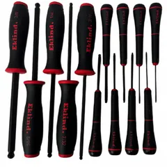 General purpose set of 13 screwdrivers with ball hex tips, allowing angled access to fasteners in assembly, maintenance, and repair tasks. Supplied in a pouch for organization. Tip size 0.05 in. Magnetized tip not included.