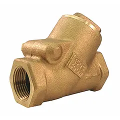 Bronze Y-style swing check valve with 1-1/2" pipe size and FNPT x FNPT NPT connections. The Y-shaped body and swing disc permit flow in one direction and automatically close to prevent backflow. Commonly used in water, oil, gas, and industrial process piping systems to protect pumps and equipment.