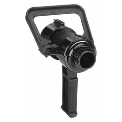 This single gallonage solid stream nozzle features a swivel shut-off design with twist activation. Constructed with a plastic and aluminum body, it has a rigid NST-threaded base for secure connection. Suitable for firefighting and industrial water delivery where controlled flow is required.