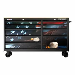 This heavy-duty rolling tool cabinet measures 63 inches wide by 18 inches deep by 37.5 inches high and features 9 drawers for organized storage. The black finish with black drawers provides a professional appearance. Designed for use in workshops, garages, and industrial facilities, the mobile base allows easy transport around the work area.