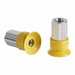 Flat type ESD vacuum pad assembly with M5 thread, 11.2 mm pad diameter, and 18.4 mm pad height. Constructed from NBR-ESD material with 55 A Shore hardness in yellow. Used for handling sensitive electronic components in ESD-protected environments such as electronics manufacturing and cleanroom automation.