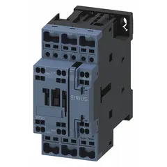 This 3-pole non-reversing IEC contactor is rated for 9 A with a 120V AC coil and three normally open contacts. It uses spring-loaded wire termination for secure connections. Typical applications include switching motors, lighting, and resistive loads in industrial control panels and HVAC systems.