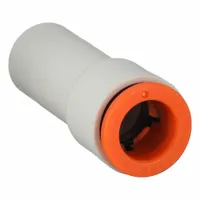 Brass push-to-connect adapter fitting for joining 3/8 in OD and 1/2 in OD polybutylene or nylon tubing. Provides secure, leak-free connections without tools. Suitable for pneumatic systems in industrial automation, packaging, and material handling