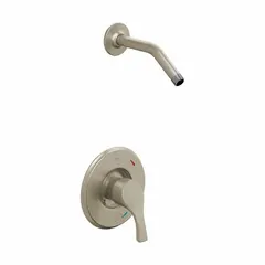 Metal shower faucet with fixed shower arm and brushed nickel finish. Fixed showerhead delivers 1.75 gpm flow rate. Suitable for residential and light-commercial bathroom installations.