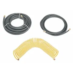 This neoprene rubber hose is 50 ft long with a 3/8 in inside diameter, designed for use in supplied-air respirator systems. It supplies breathable air from a stationary source to a respirator, suitable for industrial environments requiring respiratory protection.