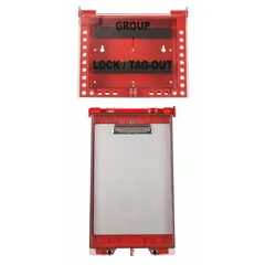 This BRADY permit station is an unfilled, wall-mountable unit made of plastic with a closed, clear cover. It includes one 26-group red lockbox (152189) and is portable. Designed for organizing lockout/tagout procedures, it accommodates small lockout device kits for use in industrial maintenance and safety applications.