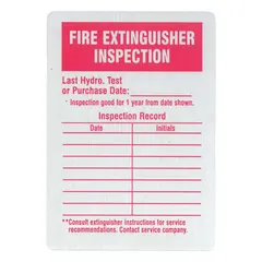 Rectangular aluminum label for documenting fire extinguisher inspections. Red/silver finish, 4 1/4 inches high by 3 inches wide. Supplied in a pack of 25. Suitable for use in commercial and industrial facilities to record inspection dates and initials.