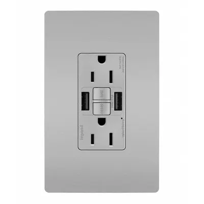 LEGRAND Receptacle: Duplex, 5-15R, 2 USB Ports, USB Type A, Gray, 125V AC, 15 A - Weather-Resistant Receptacles with USB Chargers